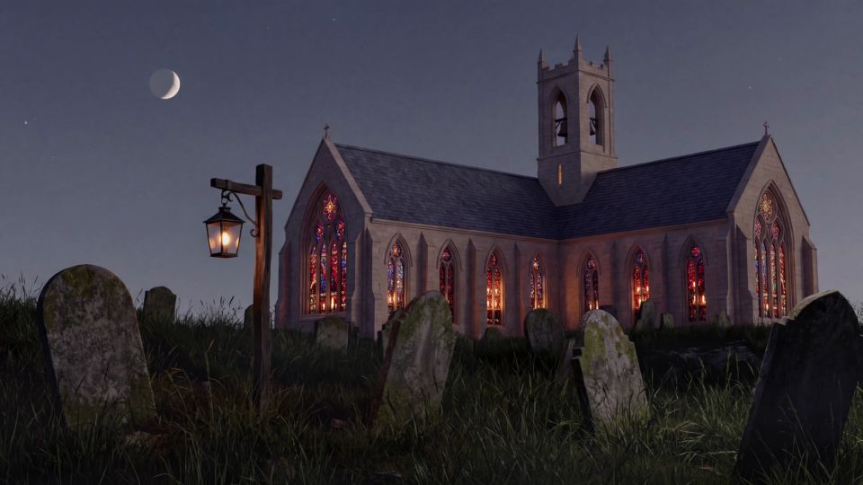 The ruined abbey restored with glowing stained glass