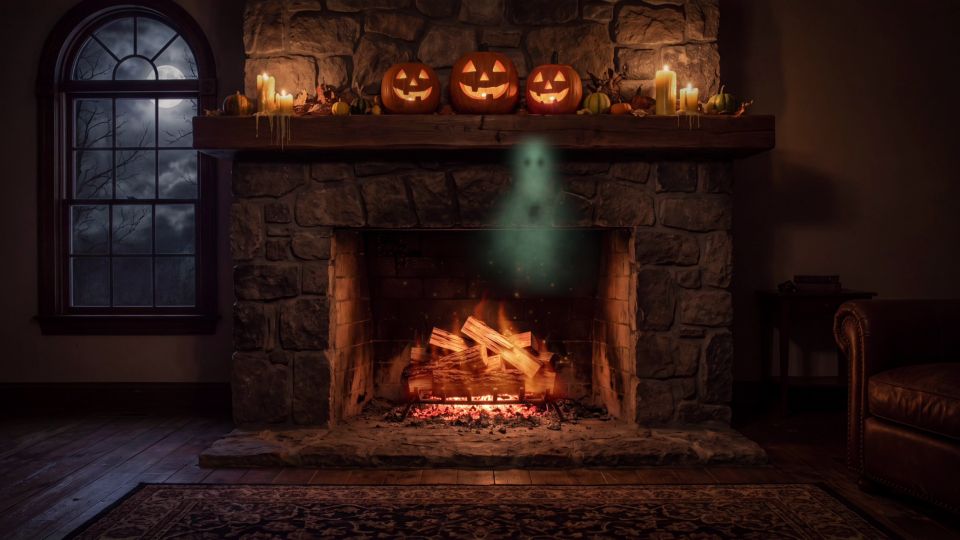 A ghost rising from the fireplace