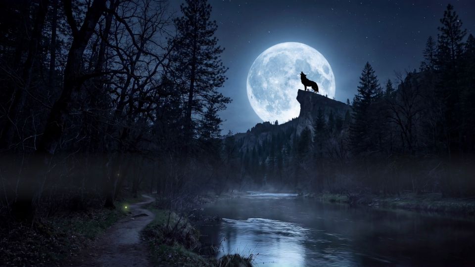 A werewolf howling on a cliff under a giant moon