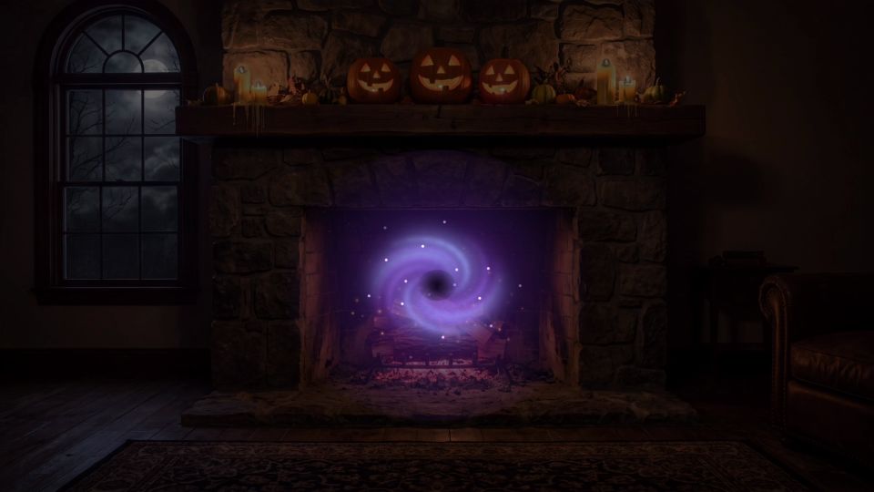 A swirling purple portal in the fireplace